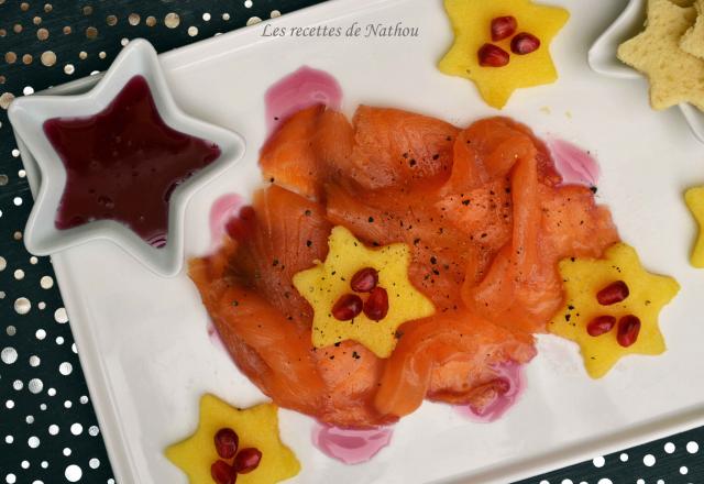 Saumon fumé, mangue et sirop de grenade