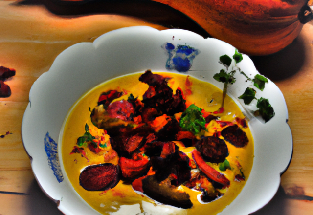 Velouté de courge, châtaignes et chorizo