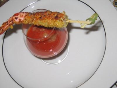 Gambas chapelure d'agrumes sauce poivron framboises