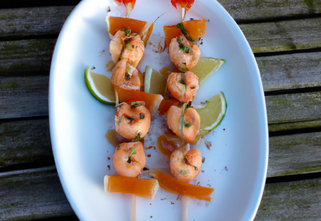 Brochettes de saumon et de crevettes marinées à la sauce gingembre soja