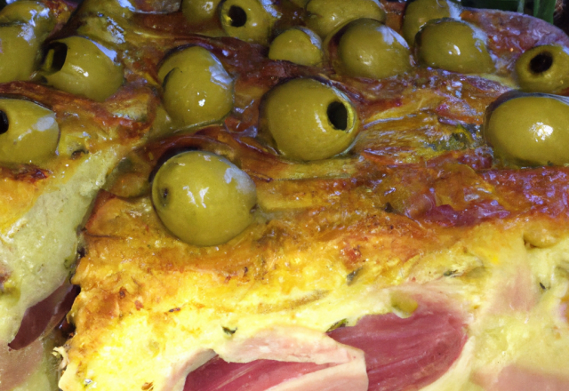 Cake poireaux, dés de jambon, olives