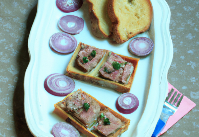 Terrine de lapin servie avec des tartines de pain aux oignons