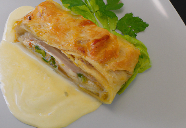 Strudel de poisson au lard, sauce crème au genièvre