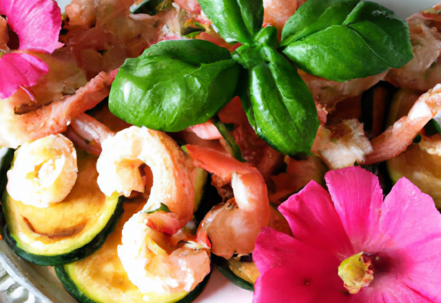 Courgettes aux crevettes roses et basilic frais