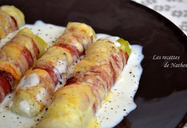 Poireaux gratinés au lard fumé et fromage à raclette