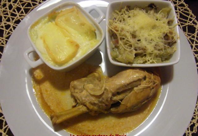 Poulet au vinaigre, gratin de cardons, gratin de ravioles de Romans