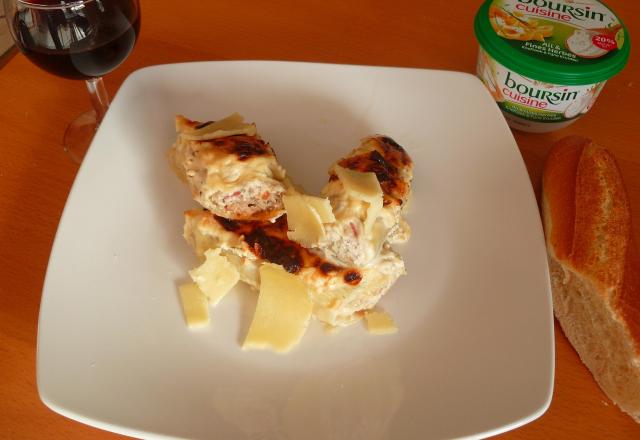 Rouleaux de feuilles de choux gratinées au Boursin ail et fines herbes