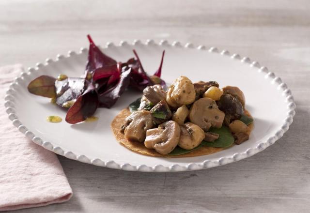 Tarte fine de gésiers de canard aux champignons aux marrons entiers et champignons