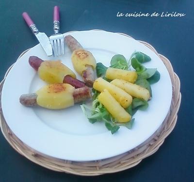 Saucisses et merguez en tonnelets de pommes de terre