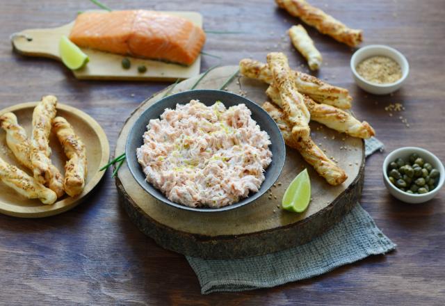 Rillettes de saumon MOWI Traiteur Fumé Nature au mascarpone, câpres et citron vert et feuilletés aux herbes