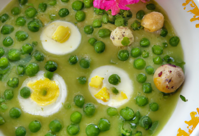 Potage de petits pois, œufs mollets et ciboulette