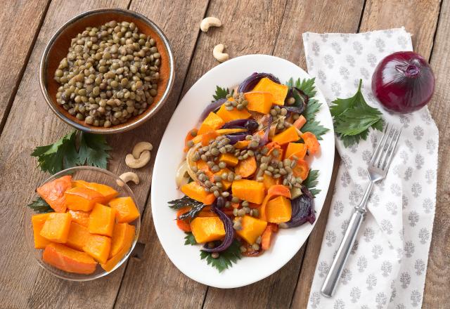 Salade de lentilles au potimarron et aux noix de cajou