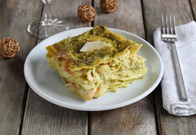 Lasagne au pesto, crabe et Saint-Jacques