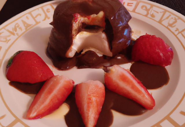 Le mi-cuit au chocolat, à la crème et à la fraise