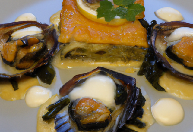 Millefeuilles de cabillaud, moules et Saint-Jacques au fromage