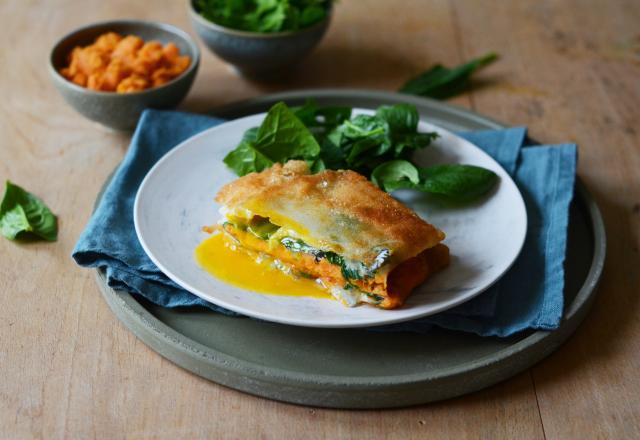 Brick à la patate douce, épinards et oeuf