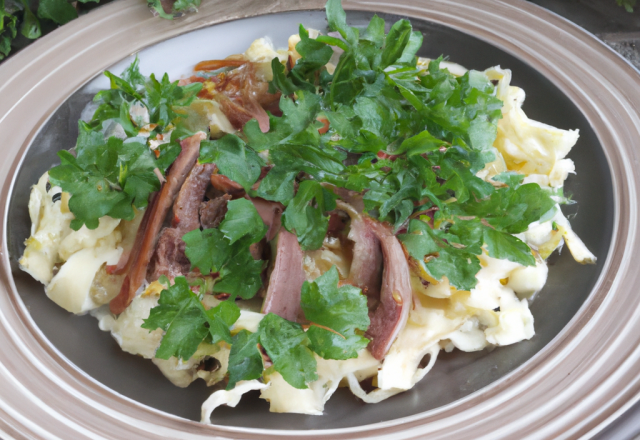 Pâtes aux gésiers de canard confits et persil