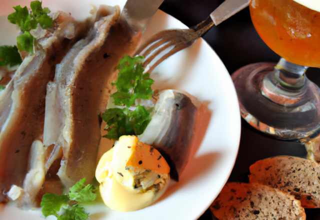 Assiette d'anguille fumée et de rillettes de Kipper vinaigrette à la bière Picarde