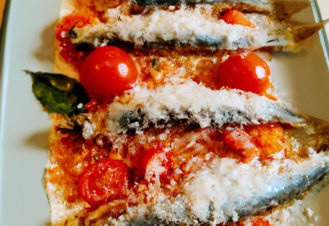 Sardines à la plancha, granité de tomates et tuiles de parmesan