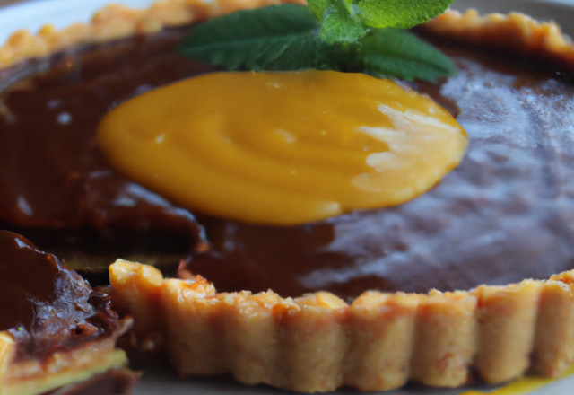 Tarte chocolat gingembre, coulis de mangue