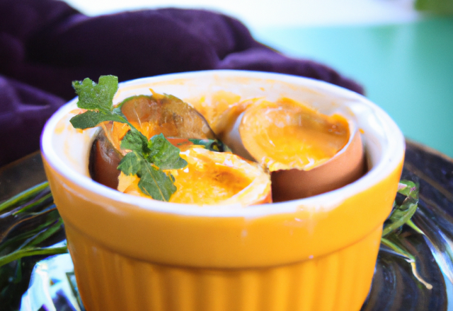 Cocotte d'œufs de caille pochés au foie gras et parfumé à l' orange