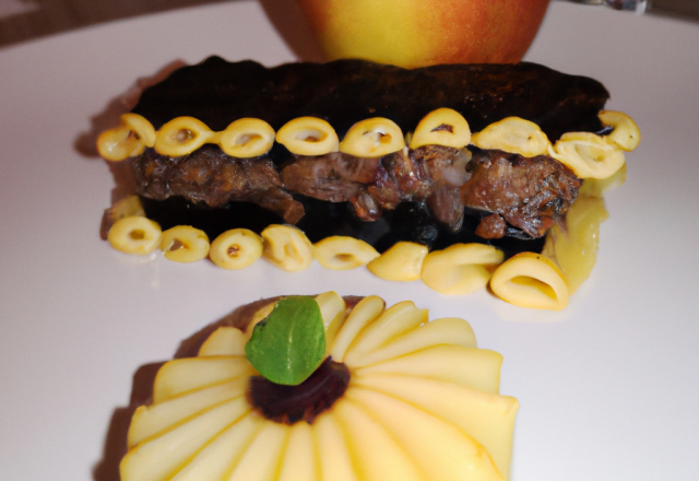 Millefeuilles de boudin noir et purée aux 2 pommes