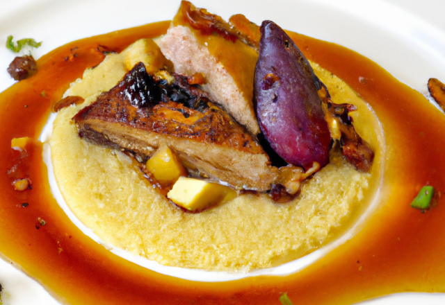 Foie gras laqué au balsam de coing Semoule d'amande et bouillon de fruits comme un couscous  Tuiles aux épices