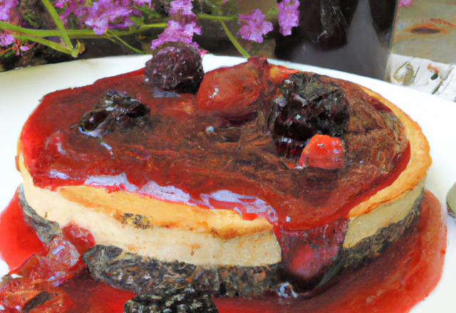 Cheesecake miroir confiture coquelicot-mûres sur galettes bretonnes