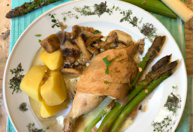 Poulet fermier d'auvergne "rôti 2 heures", asperges vertes au lard Paysan et cèpes