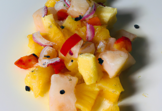 Ceviche de poisson aux poivrons, oignons, ananas et fruits de la passion