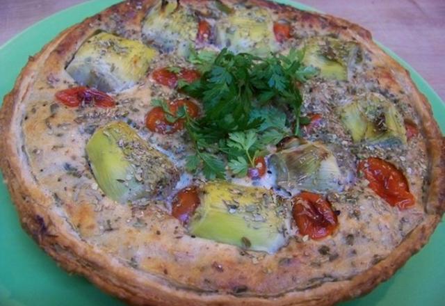 Quiche light au thon, tomates cerise et cœurs d'artichaut, origan et piment d'Espelette