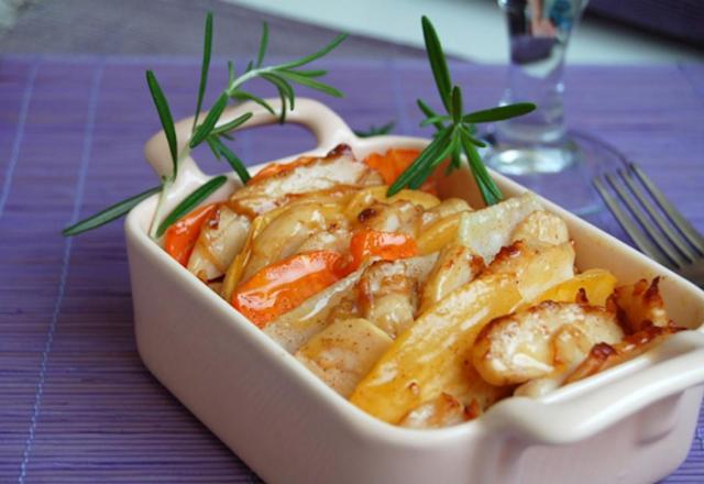 Tian de légumes et poulet sauté crème d'échalote, roquette et mâche