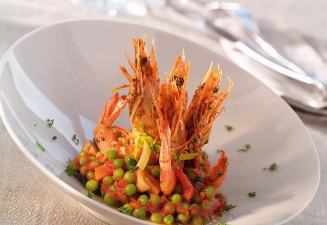 Gambas à l'ail et sa gourmandise de pois à la provençale