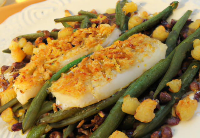 Crumble de dos de cabillaud aux noix de cajou et fagots de haricots verts