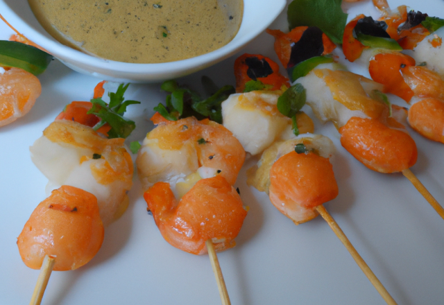 Brochettes de crevettes et saumon marinés sauce asiatique