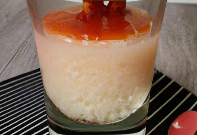 Petit verre de crémeux au riz parfumé à la cannelle et compotée de rhubarbe