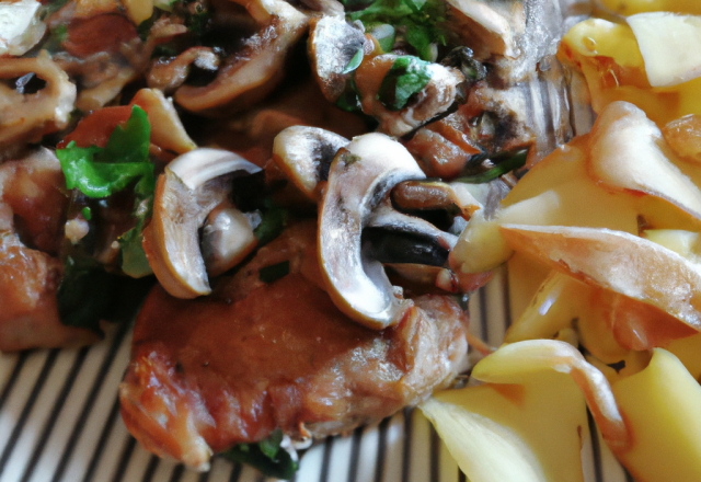 Porc frit aux champignons, poireau et fromage