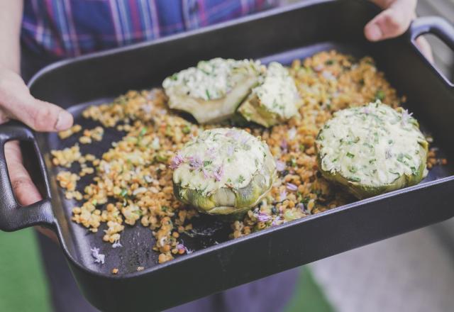 Artichauts farcis au chèvre frais, lentilles corail