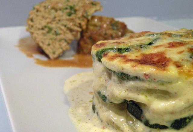 Gratin de courgette et pommes de terres au chèvre,pain de viande au gomasio,sauce à la moinette