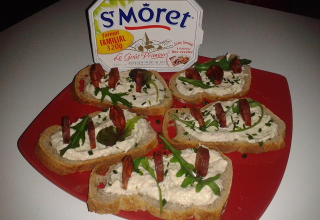 Buschetta de créme d'artichaut au St Morêt et chorizo