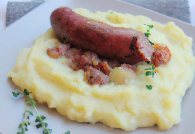 Andouille de Vire au Pont-l'Avêque purée de pomme de terre gratinée