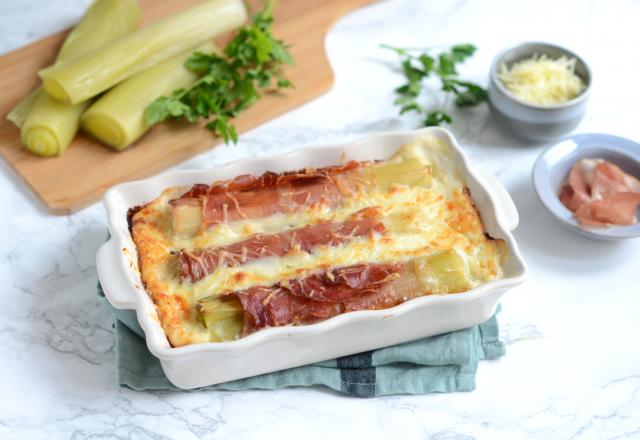 Poireaux gratinés au jambon de Serrano et au fromage