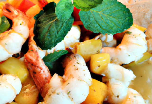 Gambas sautées, légumes crus du moment, menthe et mangue au yaourt coco