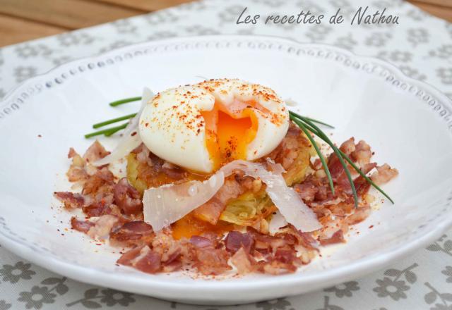 Galettes de pommes de terre et œuf mollet "façon carbonara"