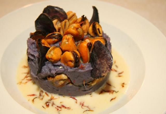 Parmentier de vitelotte aux moules, sauce safranée