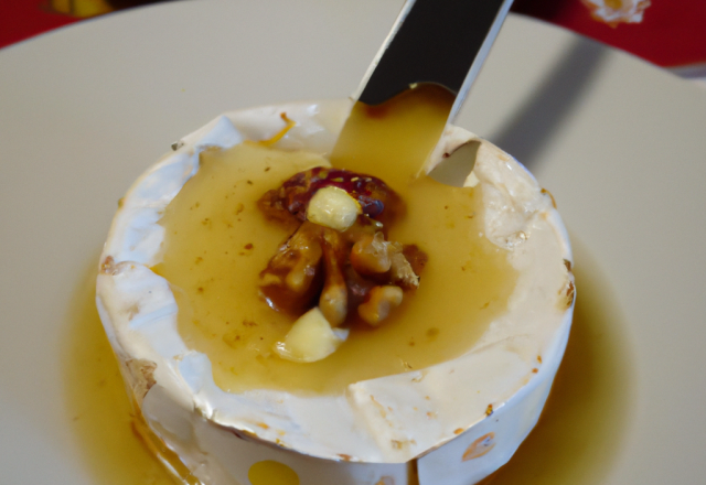 Fondue de camembert de Normandie au miel et noix sur canapé