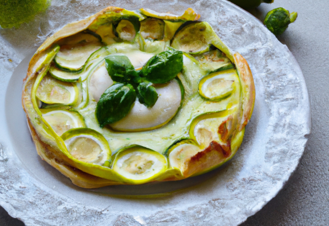 Tarte feuilletée aux courgettes, goujonnettes de sole et émulsion de basilic