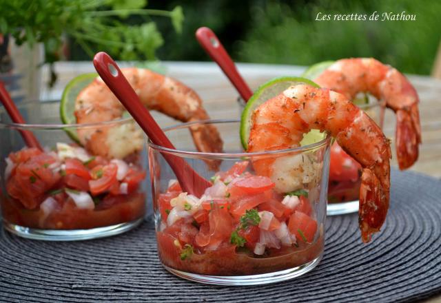 Salsa de tomates et échalotes, gambas marinés aux saveurs créoles