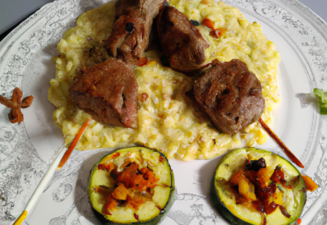 Brochette d'agneau tikka au yaourt de brebis, risotto de lentilles corail aux courgettes