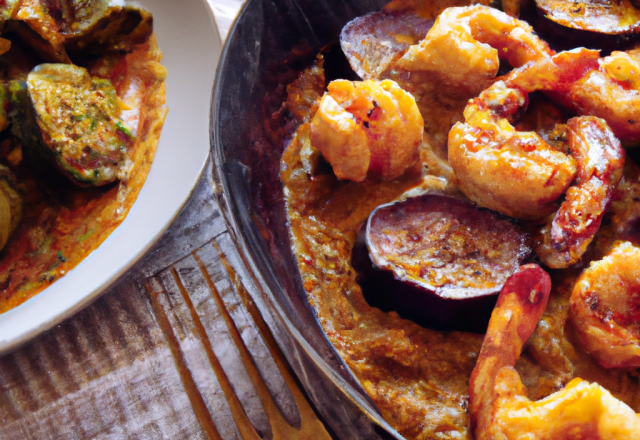 Gambas au curry et aux aubergines braisées